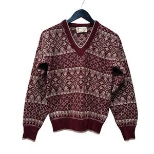 Vtg 1970's Knit V-neck Sweater Men's Grandpa Ski Preppy M